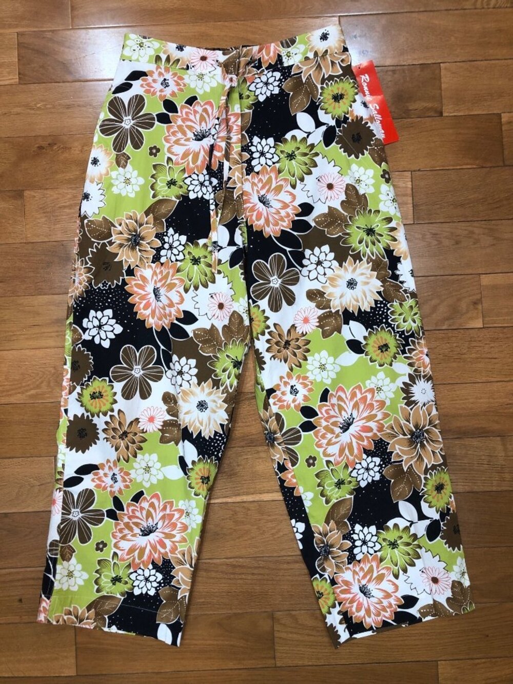 NWT Ronnie Salloway LTWT Cotton Stretch Hi Rise Wide Leg Cropped Floral Pants M